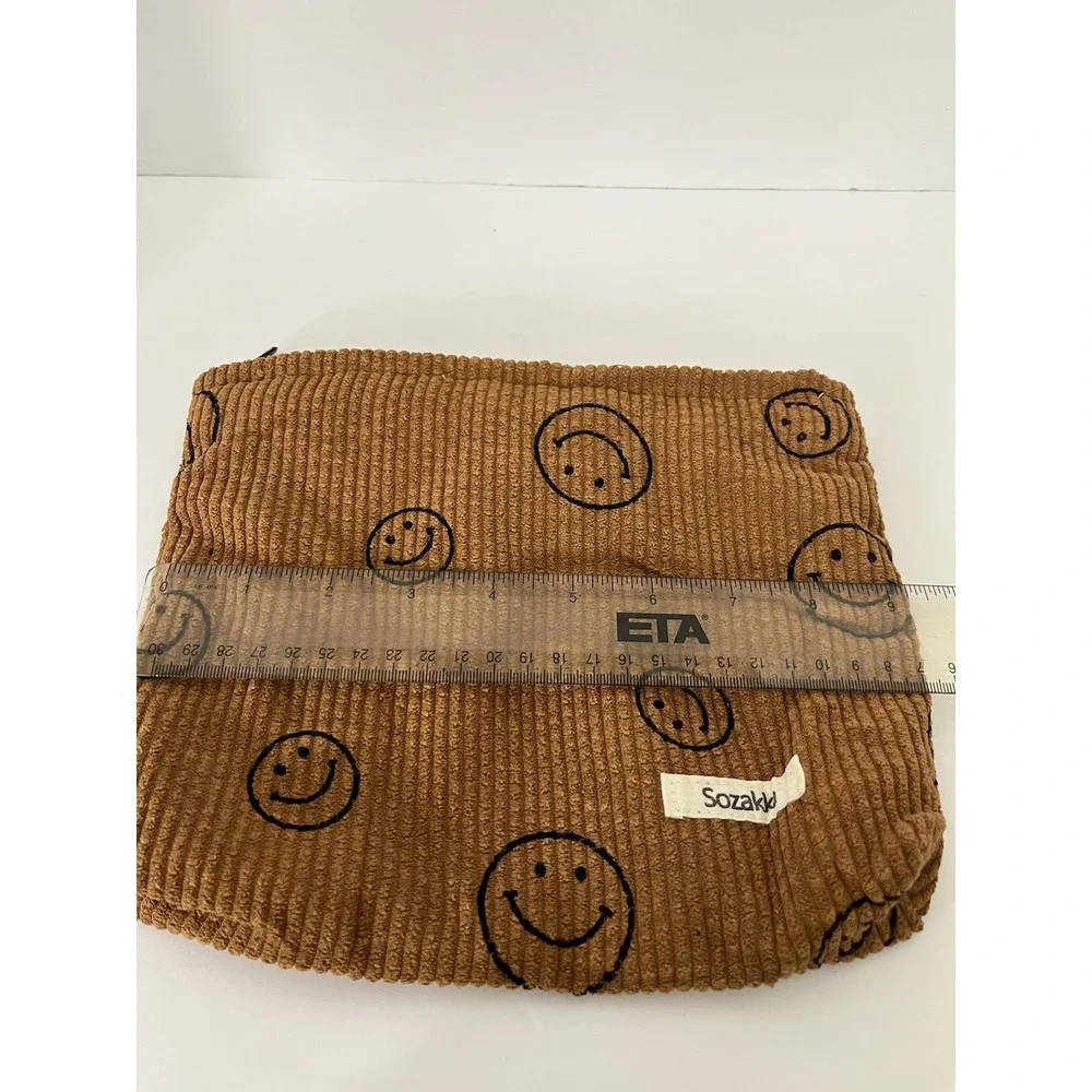 Sozakka Brown Corduroy Smiley Face Makeup Bag Cosmetic Pouch - A193